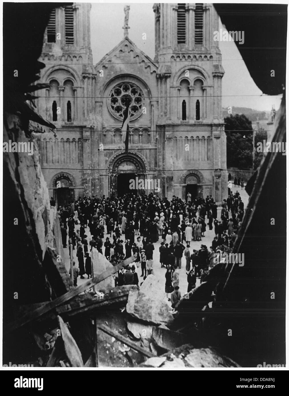 WWII, Europe, Cherbourg, France, Civilians, Scene from ruins of Notre Dame des Voeux. - - 196290 Stock Photo