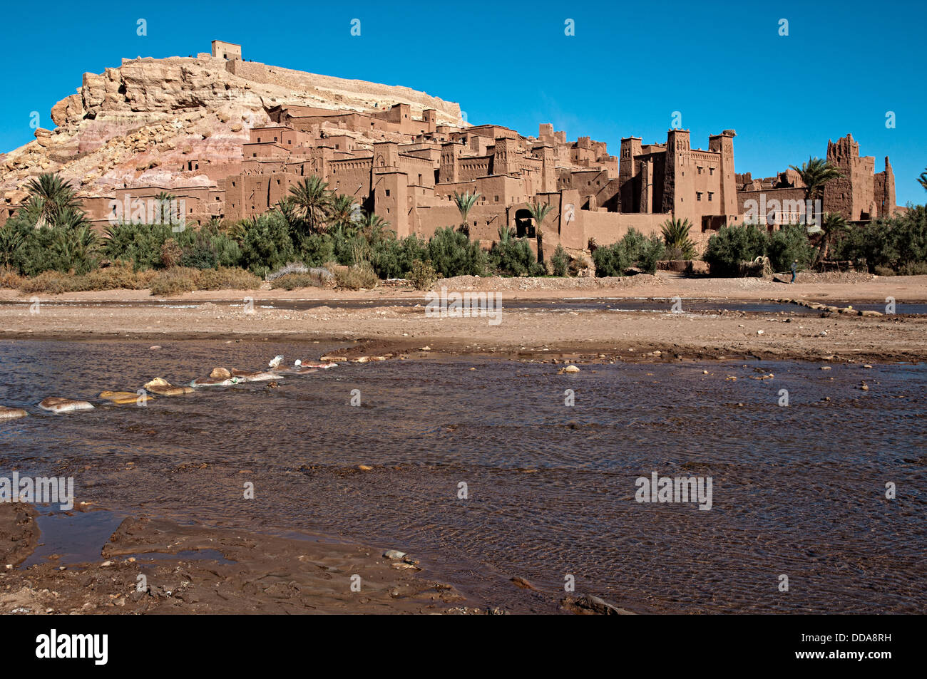 Kasbah Ait Benhaddou and Oued, river, Ounila, Morocco Stock Photo