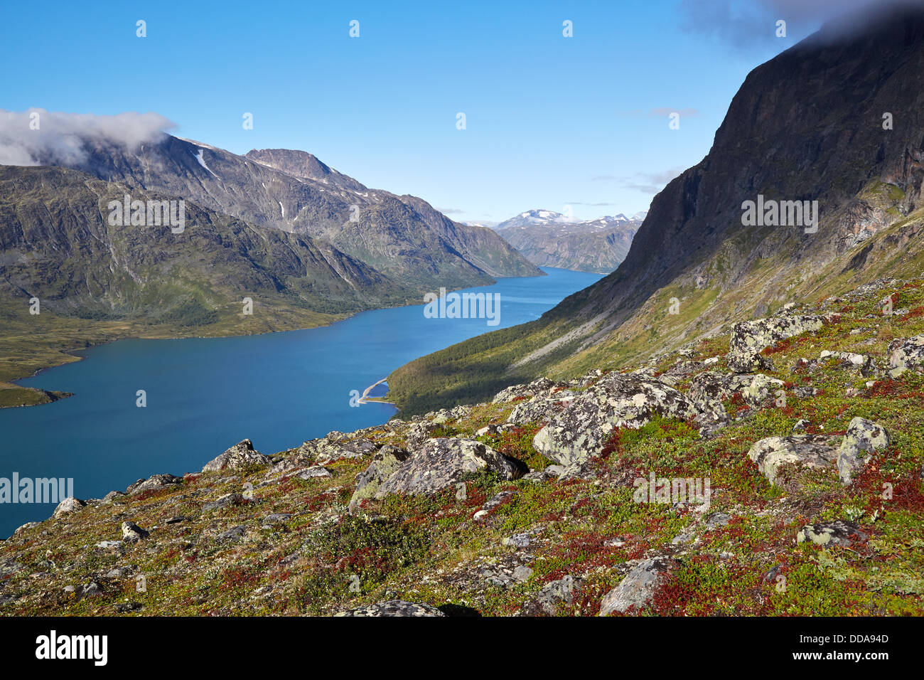View of Lake Gjende from the ascent to the Besseggen Ridge walk Jotunheimen National Park Norway Stock Photo