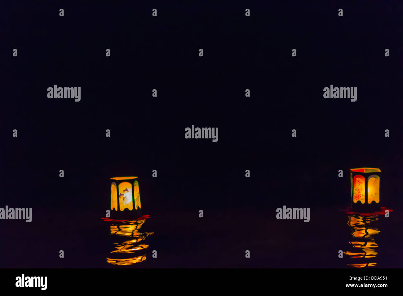 Floating lanterns at night. Japanese lantern lighting ceremony, Haleiwa