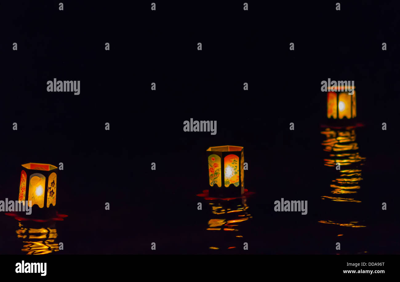 Floating lanterns at night. Japanese lantern lighting ceremony, Haleiwa
