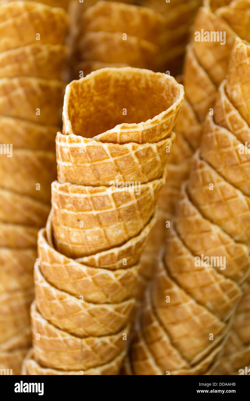 Empty waffle ice cream cones close-up Stock Photo