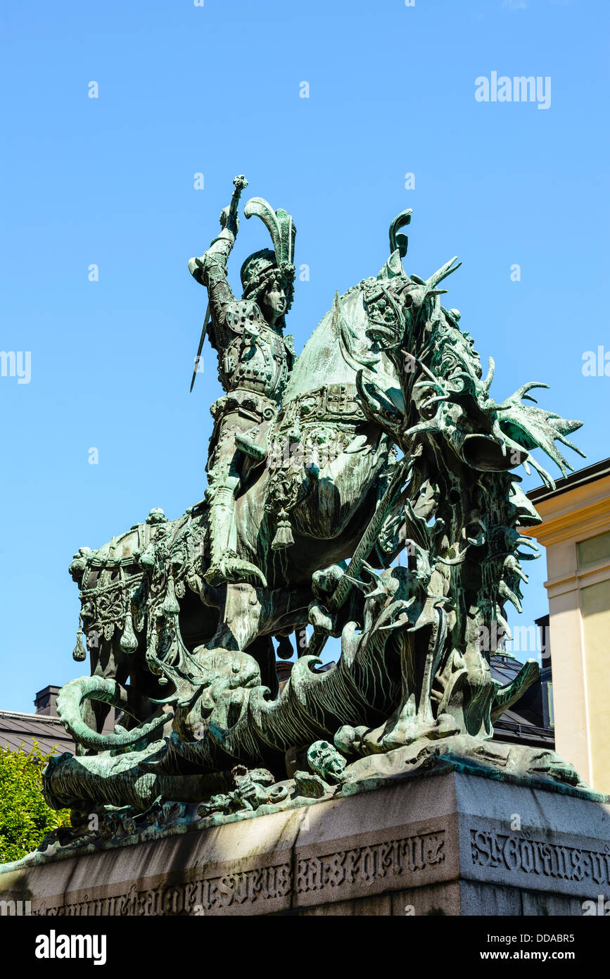 Statue of St George killing the dragon in Gamla Stan (Old Town) Stockholm Sweden Stock Photo