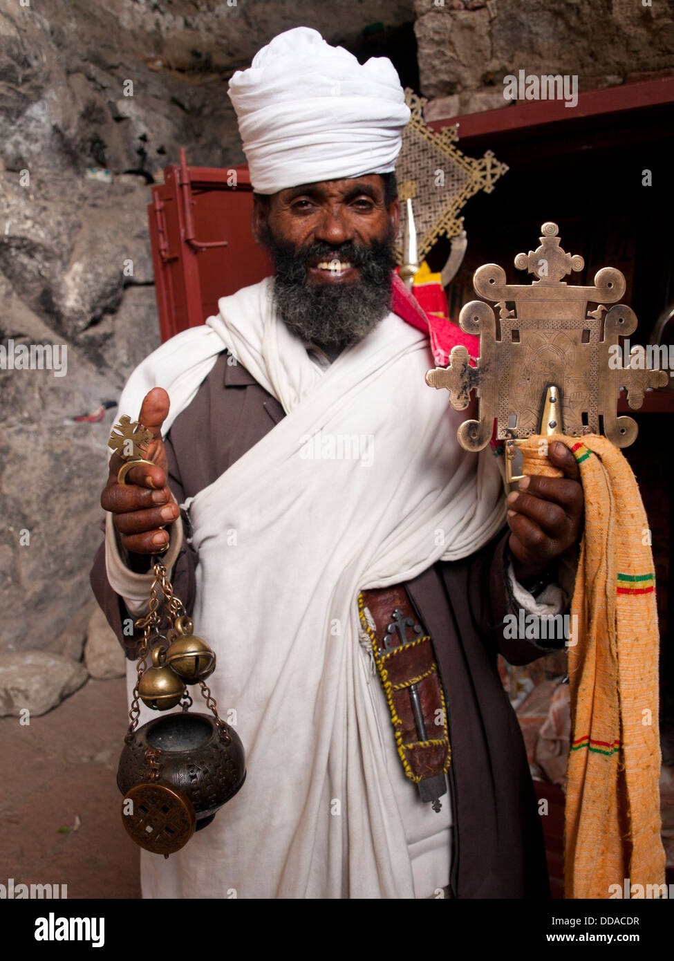 Ethiopian orthodox priest holding relics from his church Stock Photo