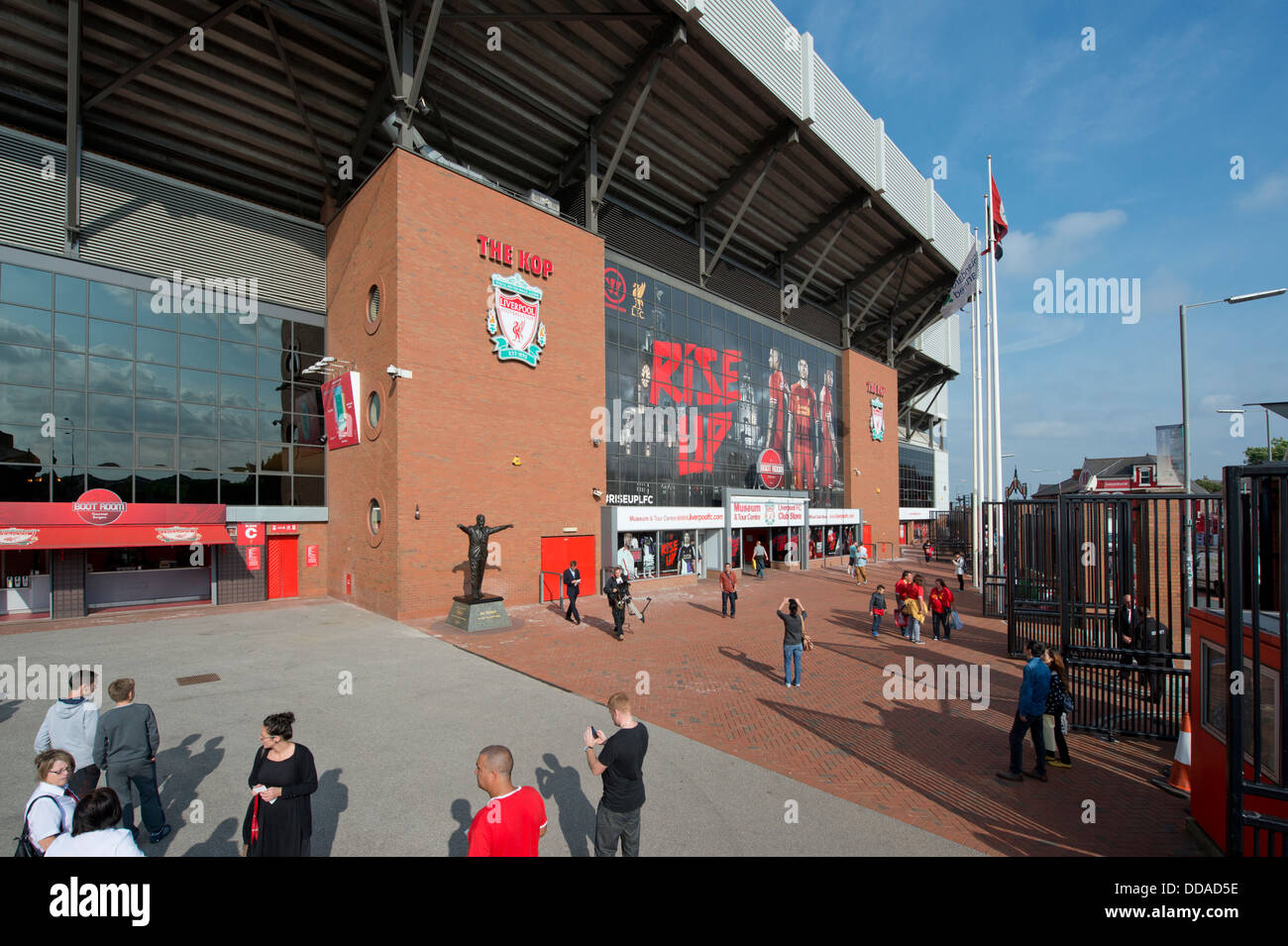 A wide angle shot of the Spion Kop end of Anfield stadium, home of Liverpool Football Club (Editorial use only). Stock Photo