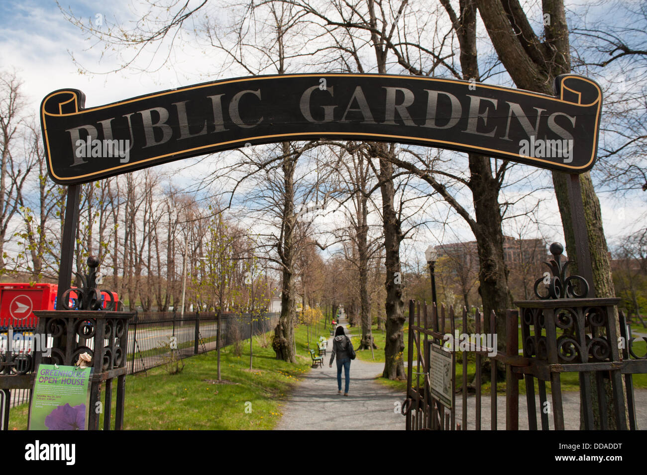 Public Gardens Entrance in Nova Scotia Canada Sign. Trees and fence line the enterance. Stock Photo