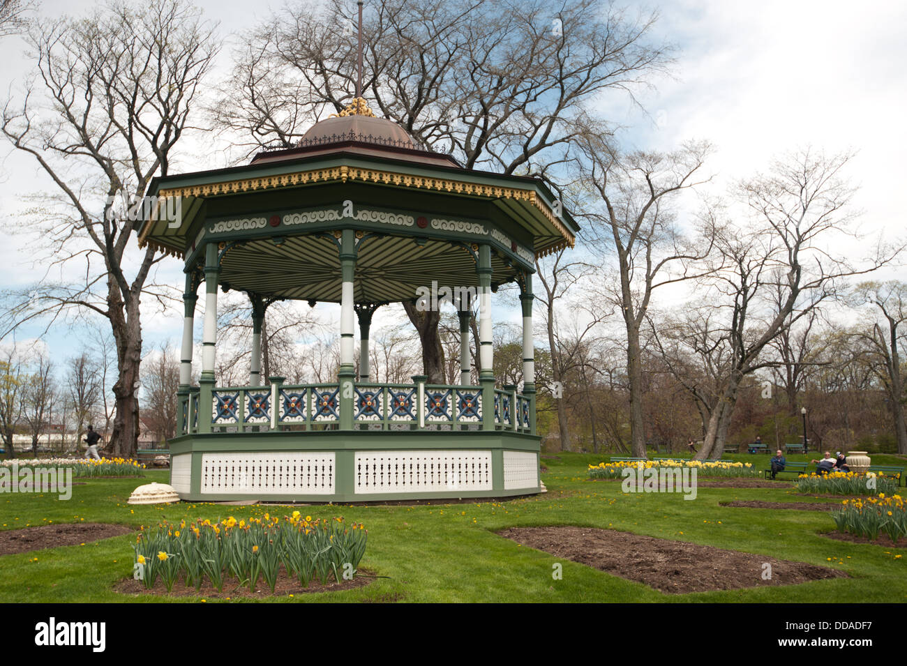 gazebo in public gardens Nova Scotia surrounded by trees and flower bed. Stock Photo