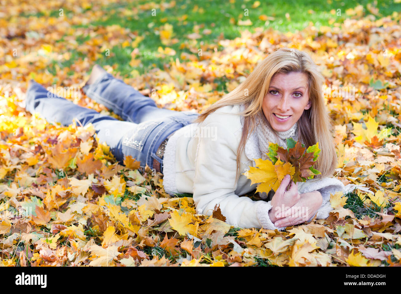 Beautiful woman laying on golden maple leaves early autumn Stock Photo ...