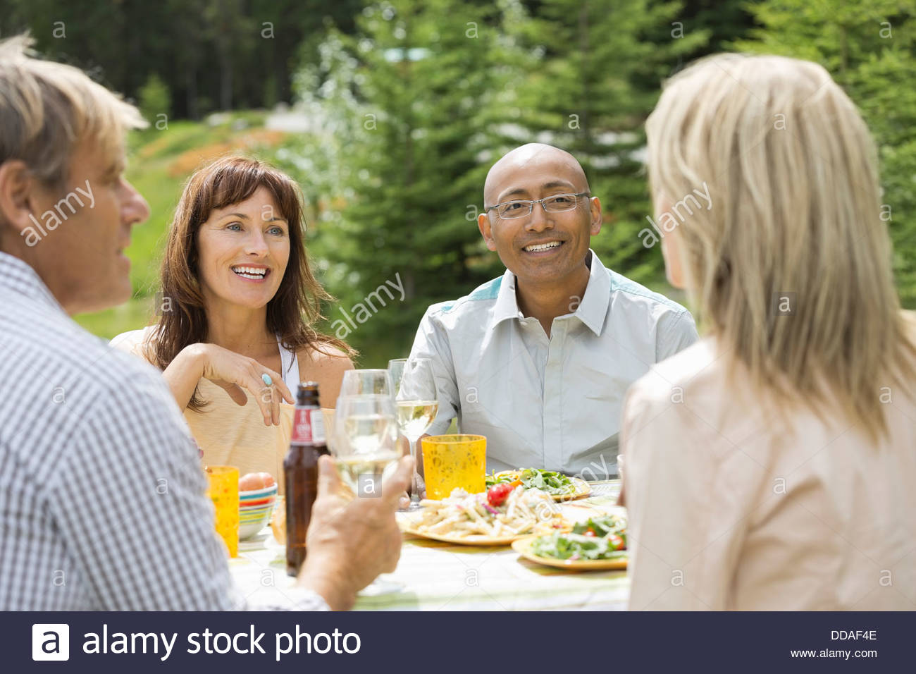 Couple enjoying outdoor picnic with friends Stock Photo Alamy