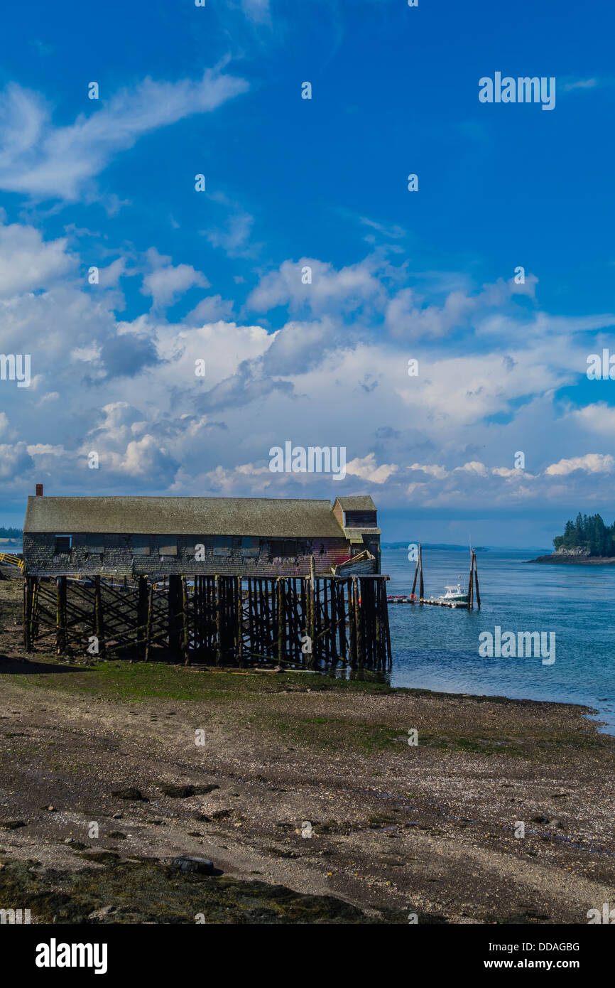 An old weathered wood clapboard sided fish processing building on stilts on the shoreline at Lubec, Maine. Stock Photo