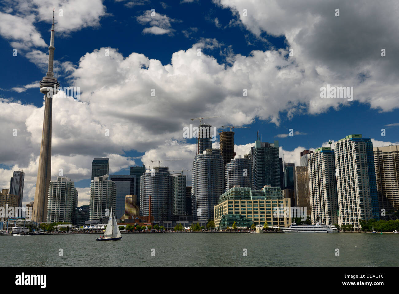 Sailboat on Lake Ontario with Toronto cityscape in background Stock Photo