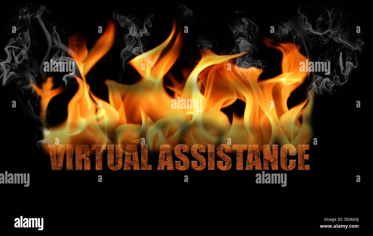 The word virtual assistance is written in fire text, with smoke and flames billowing off. It's on a black background. Stock Photo