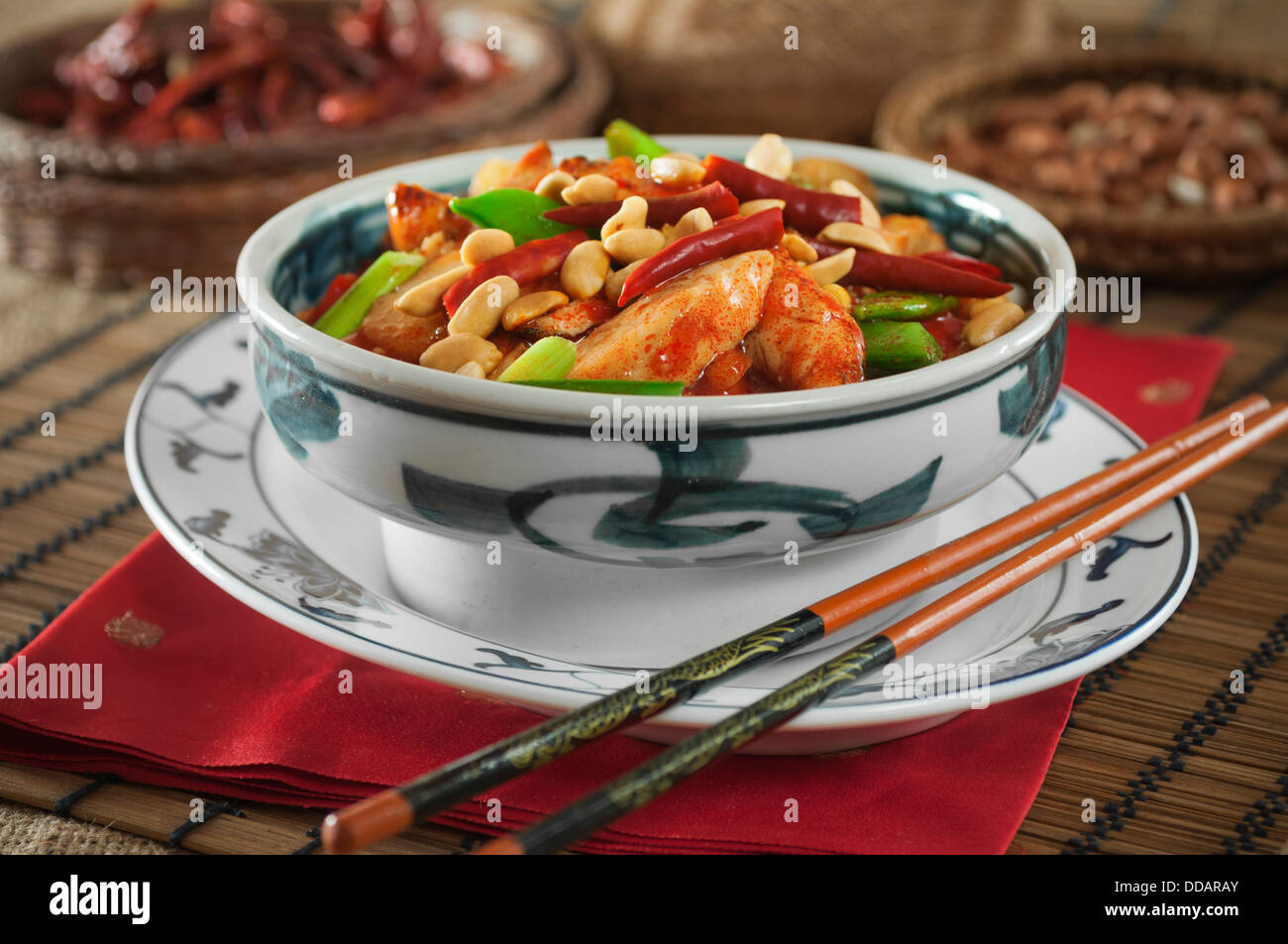 Kung pao chicken with peanuts and chili peppers Chinese food Stock Photo