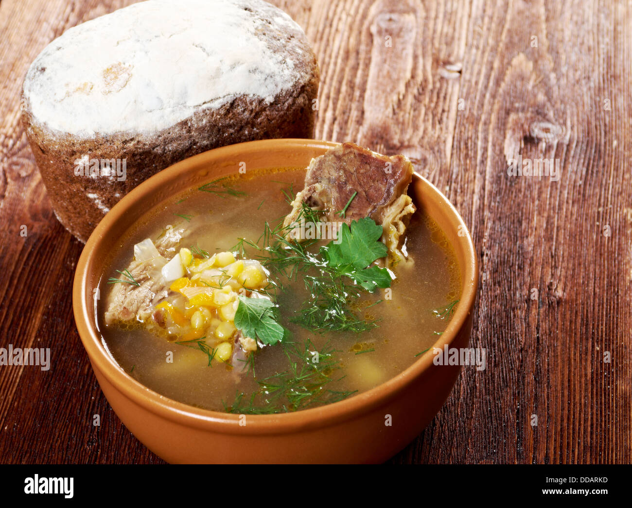 Pea soup with beef ribs .farmhouse kitchen Stock Photo