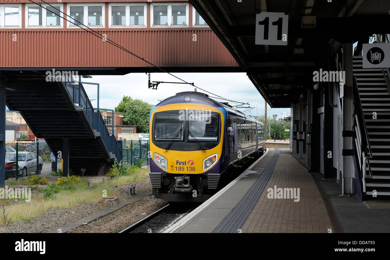 A first trains train service leaves York with a service to Middlesbrough England uk Stock Photo