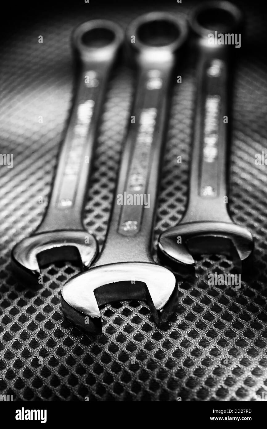 Iron spanners set over metal surface Stock Photo