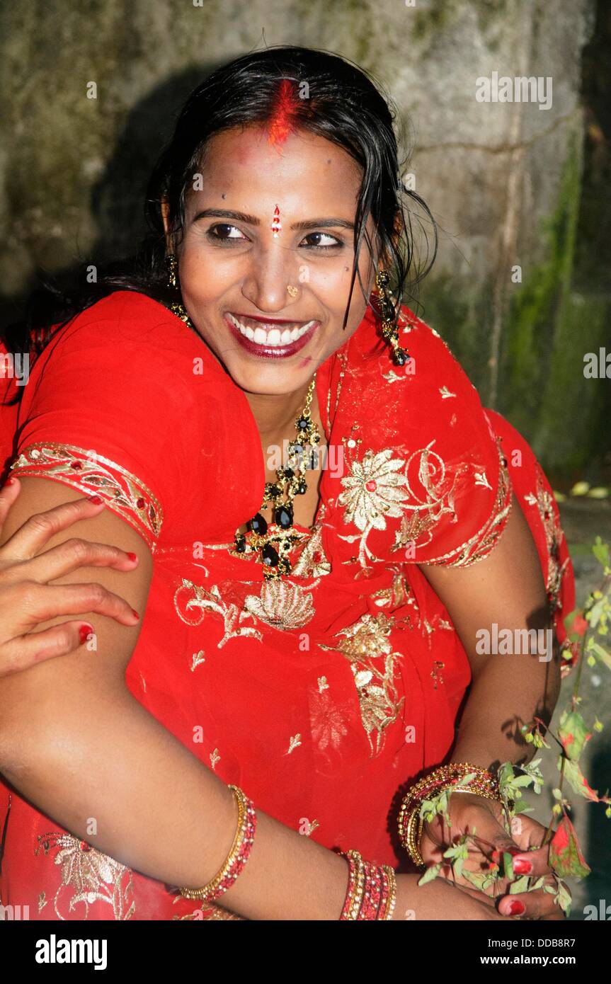 Nepali woman in sari at a Hindu Festival in Kathmandu, Nepal Stock Photo -  Alamy