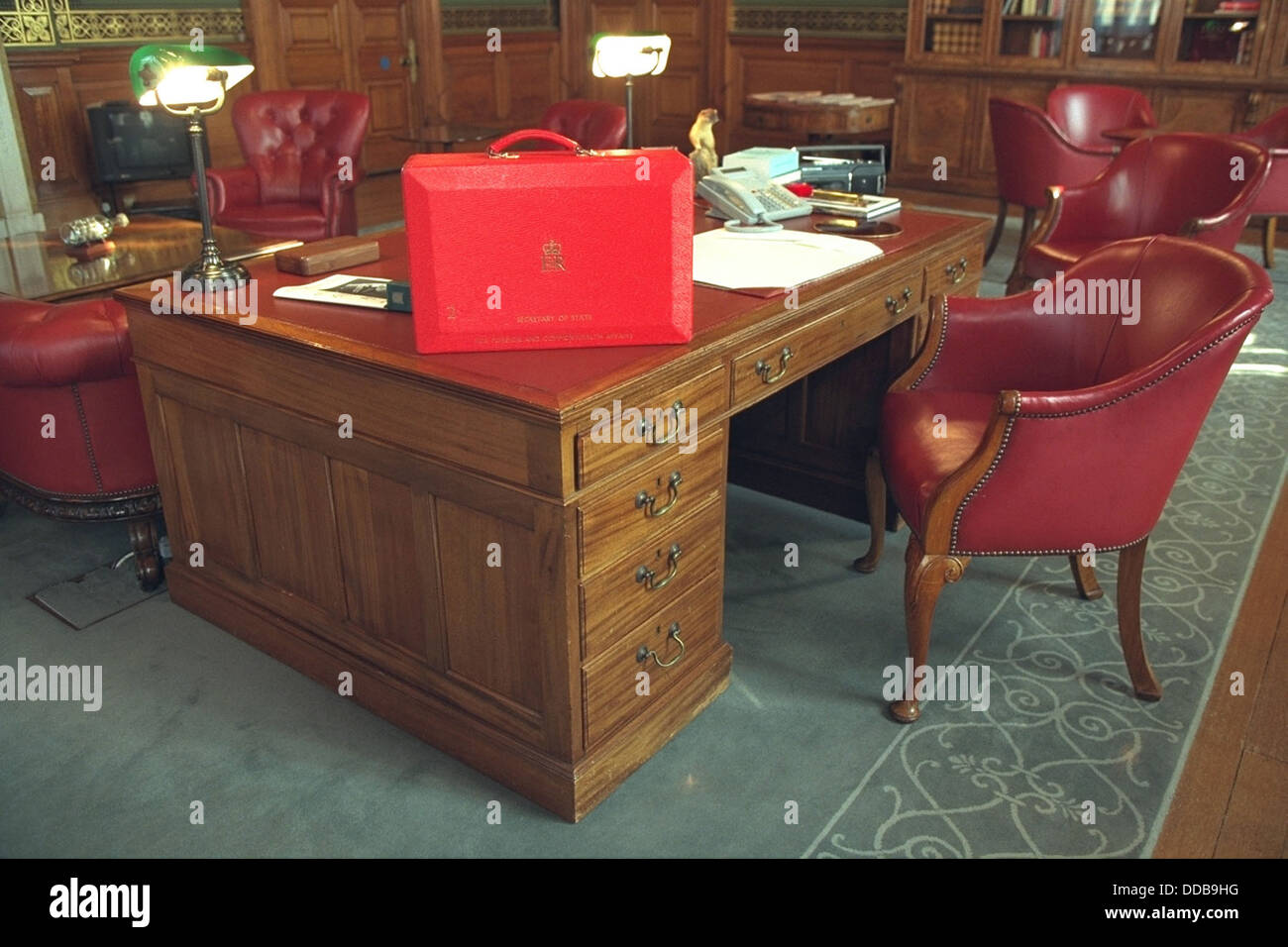 Ministerial 'Red Box' briefcase in the Locarno Suite at The Foreign Office, Whitehall, London, UK Stock Photo