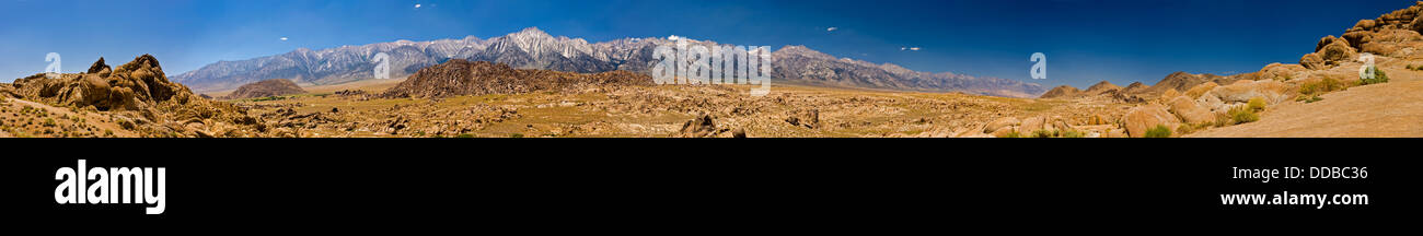 Panorama of the eastern Sierra Nevada from the Alabama Hills with Lone Pine Peak and Mount Whitney, California, USA. JMH5336 Stock Photo