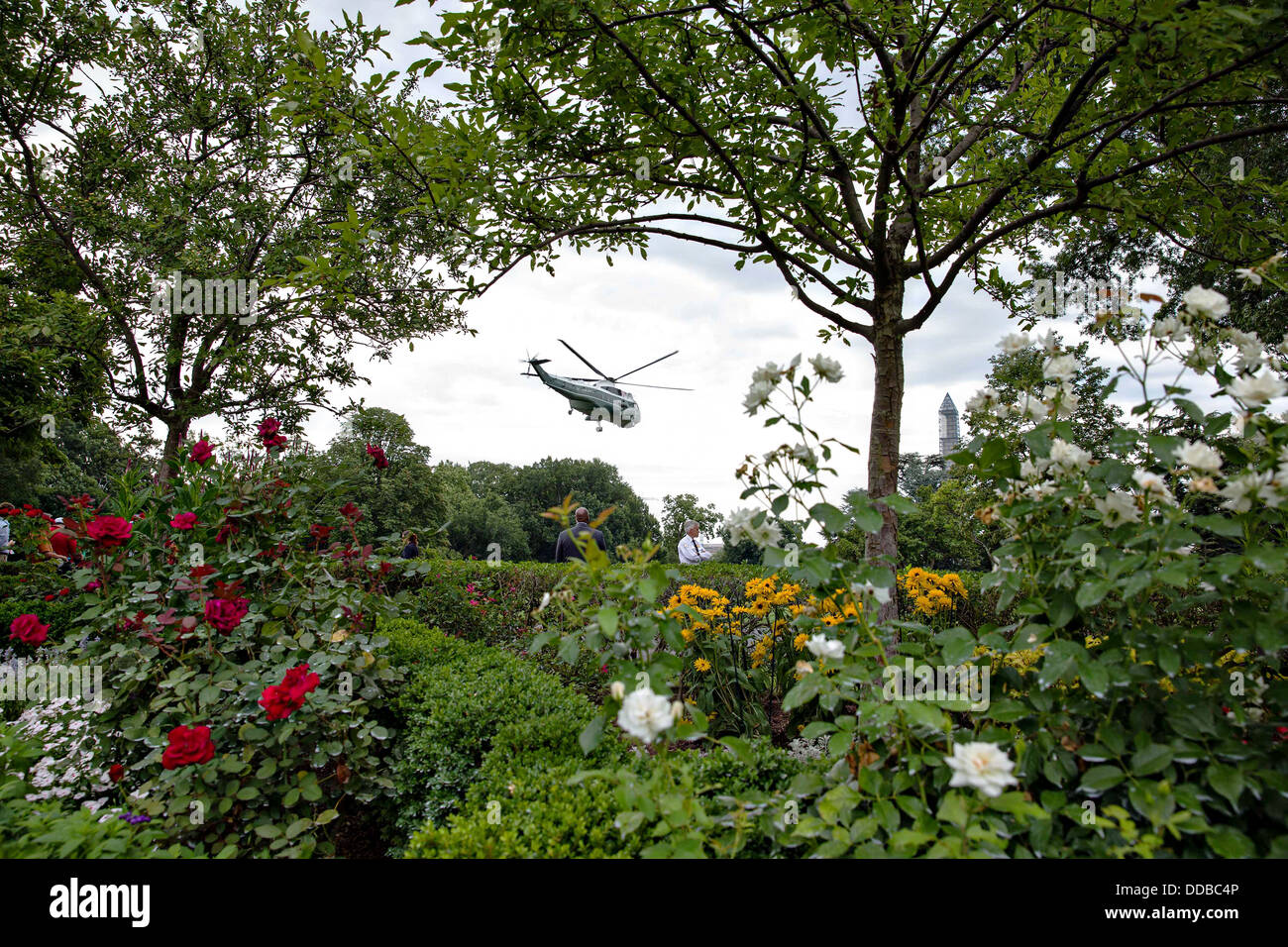 US President Barack Obama departs the South Lawn of the White House aboard Marine One July 24, 2013 in Washington, DC. Stock Photo