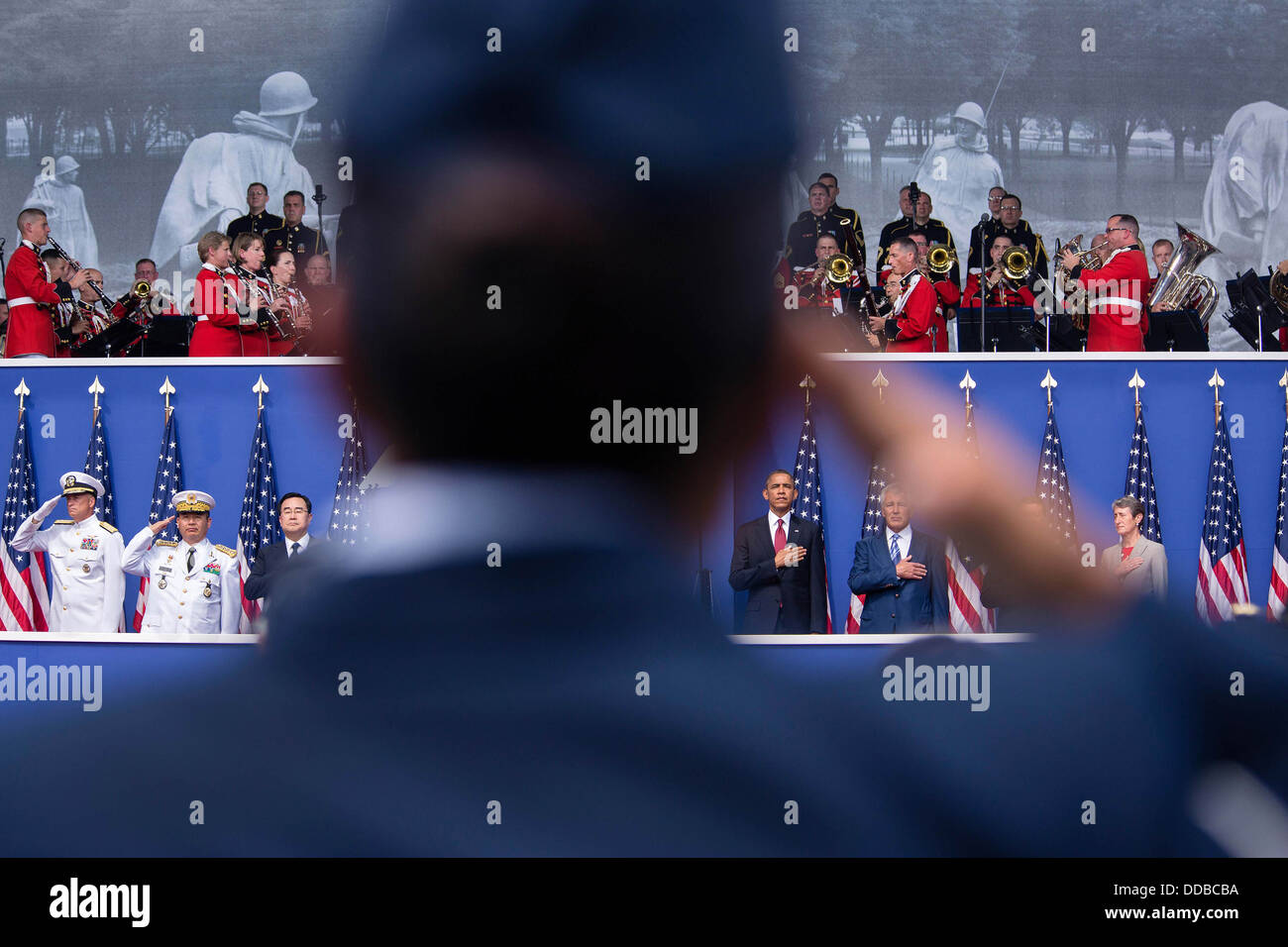 US President Barack Obama participates in the 60th anniversary of the signing of the armistice that ended the Korean War, at the Korean War Veterans Memorial July 27, 2013 in Washington, DC. Stock Photo