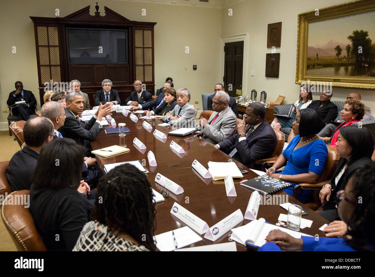US President Barack Obama meets with civil rights leaders in the Roosevelt Room of the White House July 29, 2013 in Washington, DC. Stock Photo