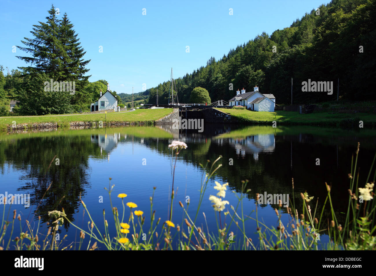 Lock keepers cottages reflected in a still Crinan Canal at Dunardry Bridge in Argyll, Scotland Stock Photo
