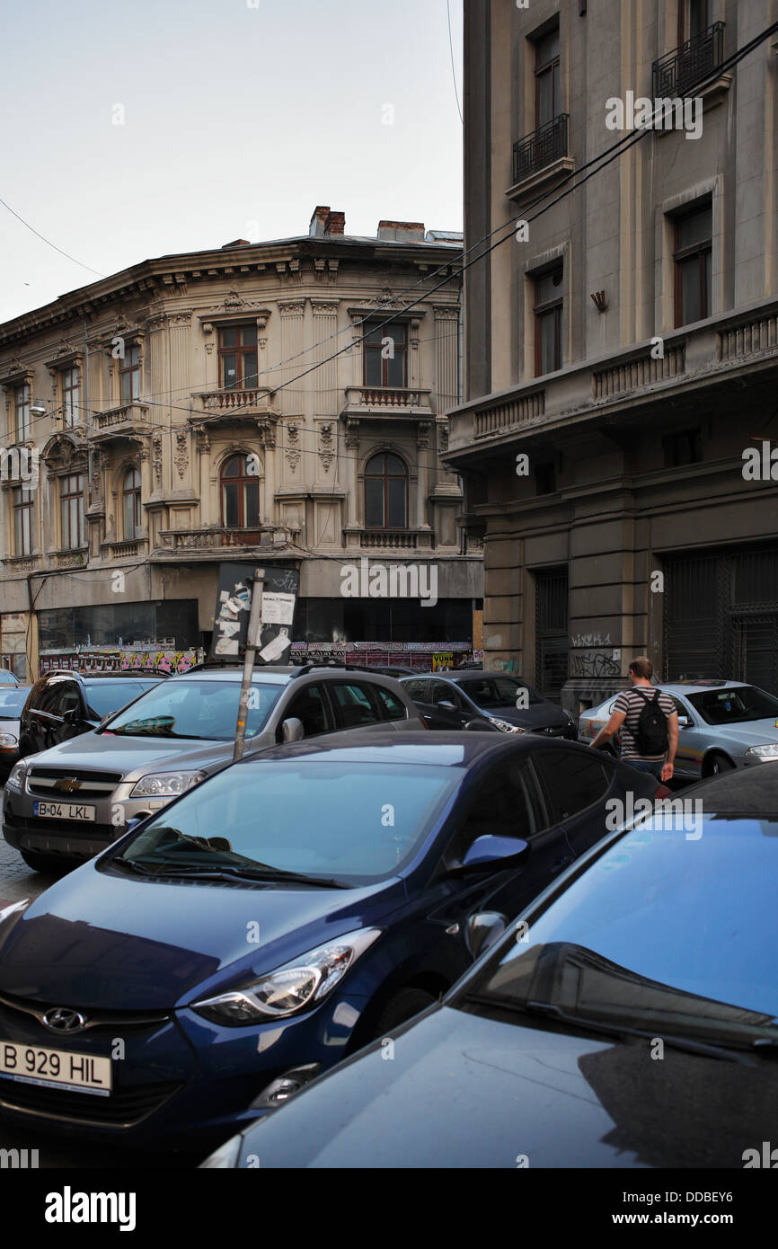 Bucharest, Romania, jammed with parked cars with old city of Bucharest Stock Photo