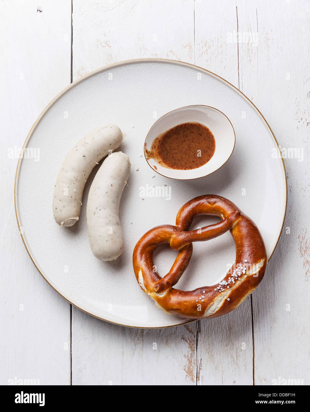 Bavarian snack with weisswurst white sausages Stock Photo