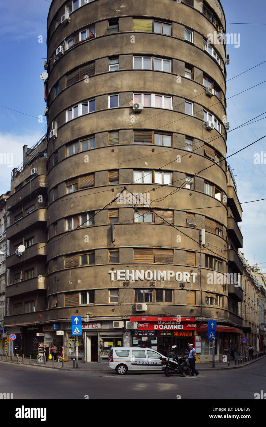Bucharest, Romania, cylindrical building with the inscription Tehnoimport Stock Photo