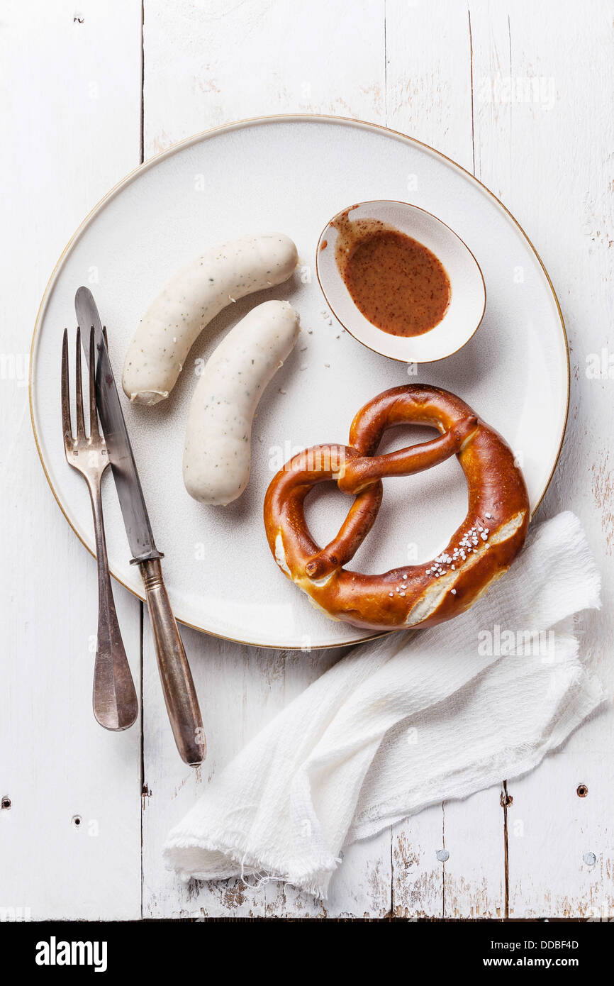 Bavarian snack with weisswurst white sausages Stock Photo