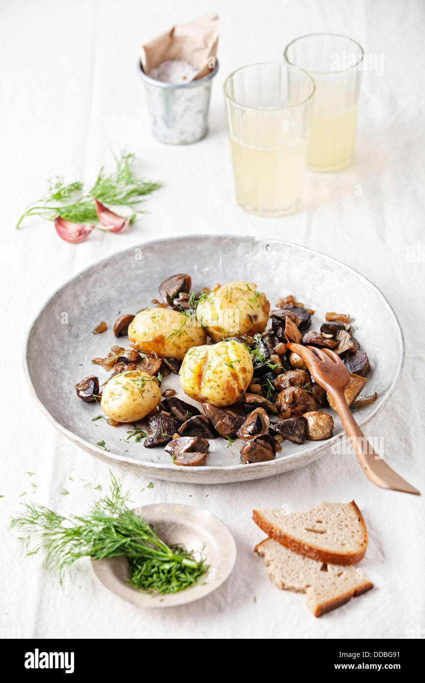 Boiled potatoes with roasted wild mushrooms Stock Photo