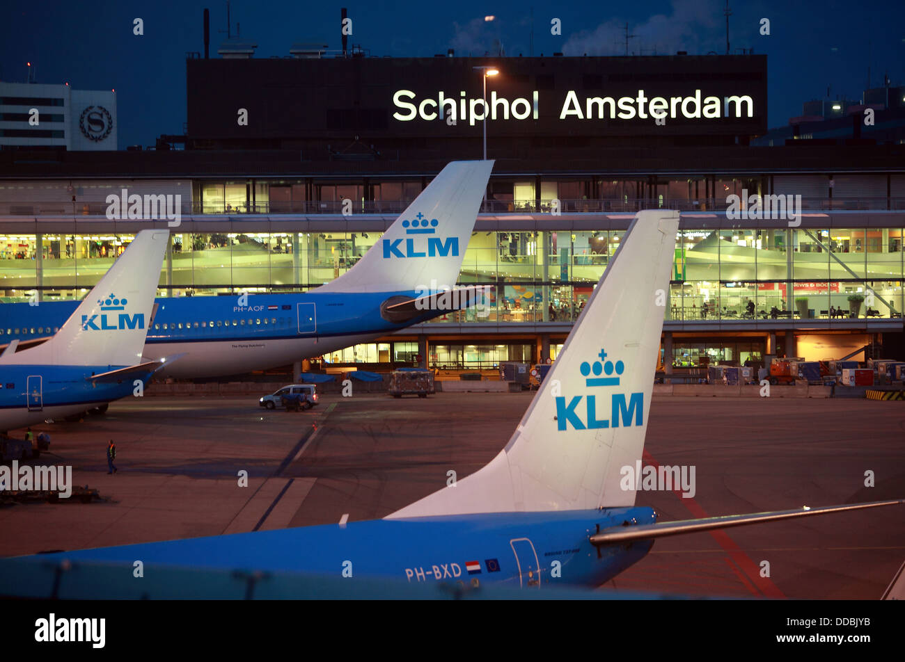 Amsterdam, Netherlands, the KLM aircraft outside the terminal of Schiphol Airport Stock Photo