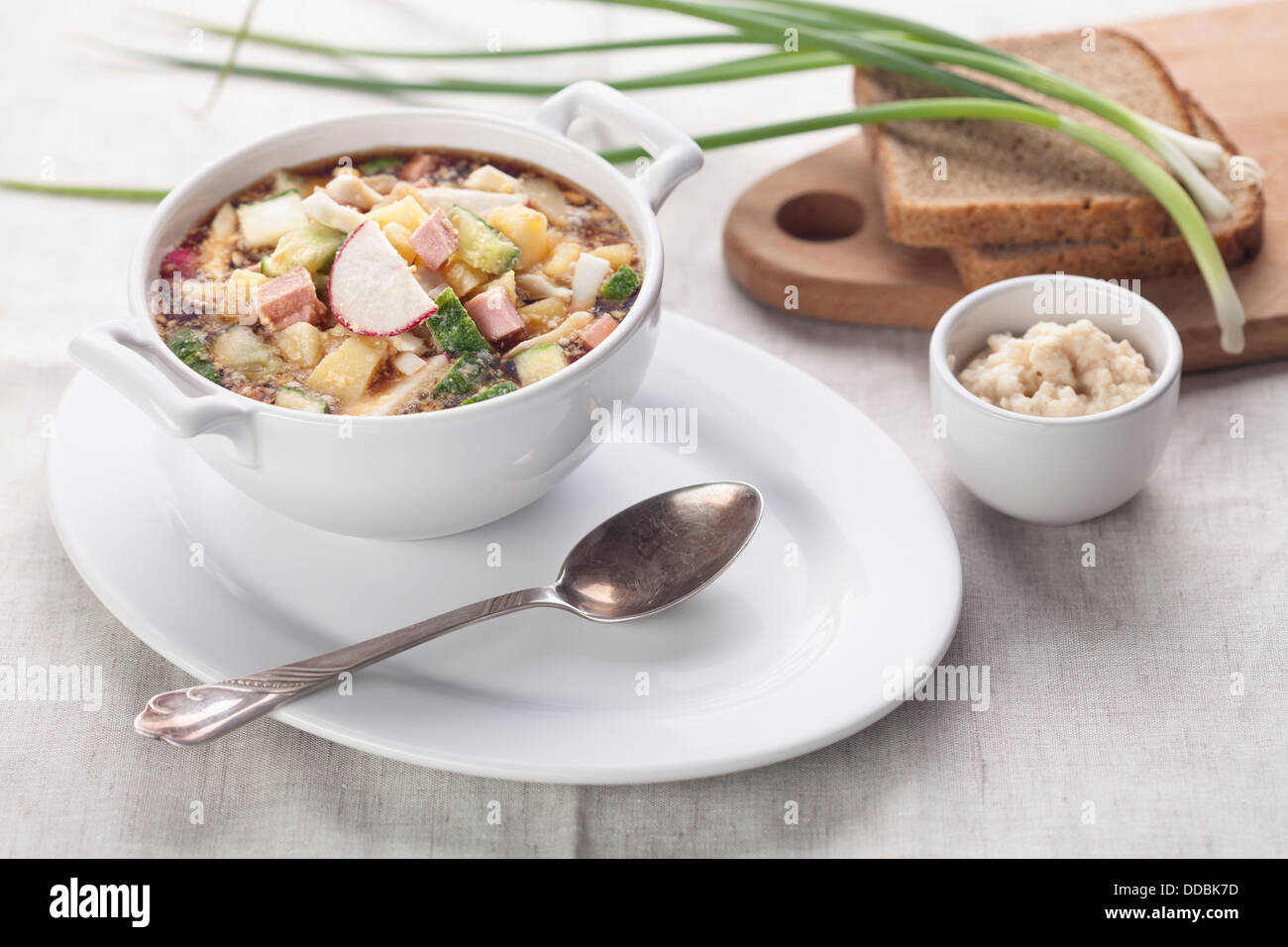 Cold kefir soup with chopped vegetables and meat Stock Photo Alamy