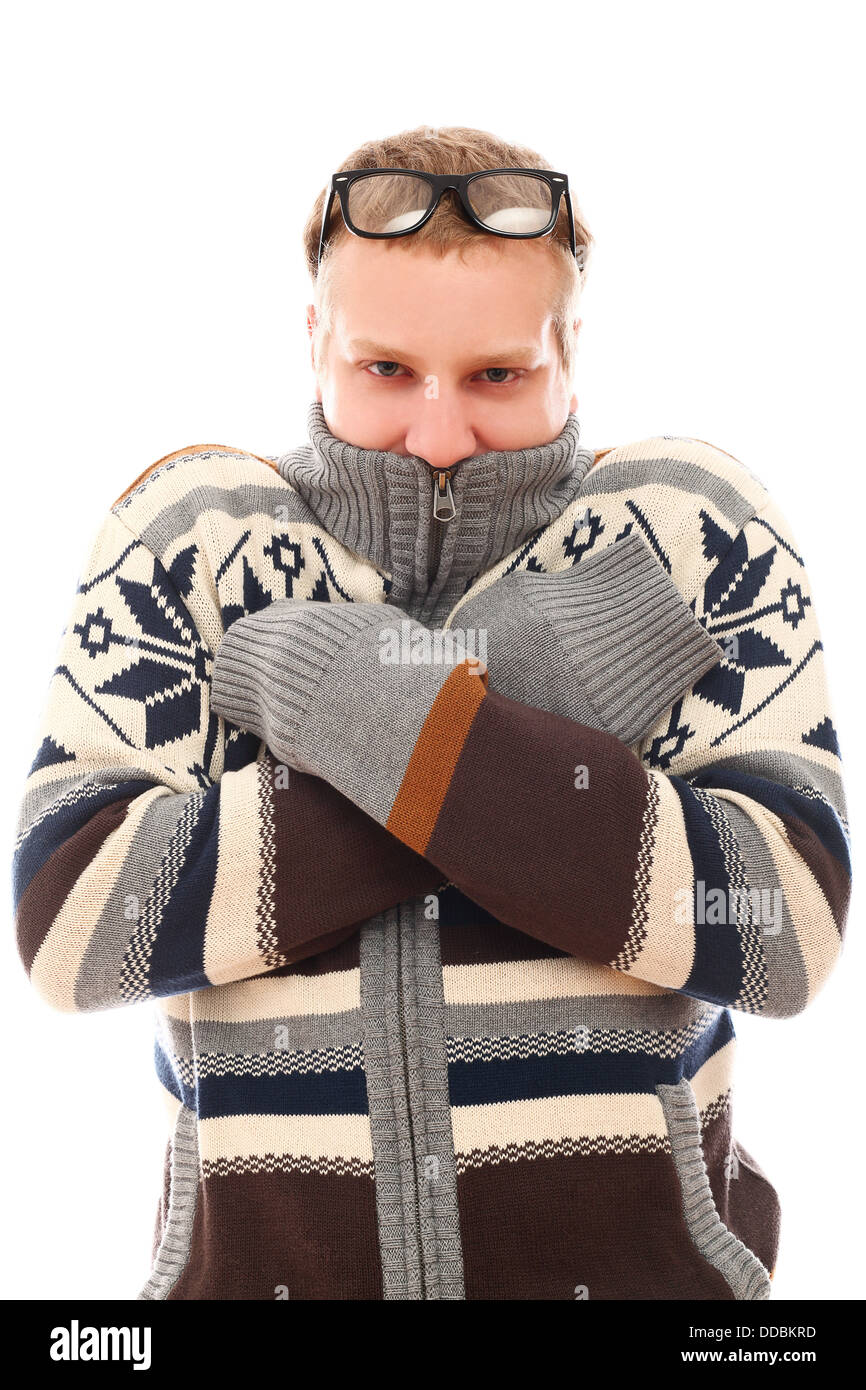 Guy in sweater feel cold over a white background Stock Photo