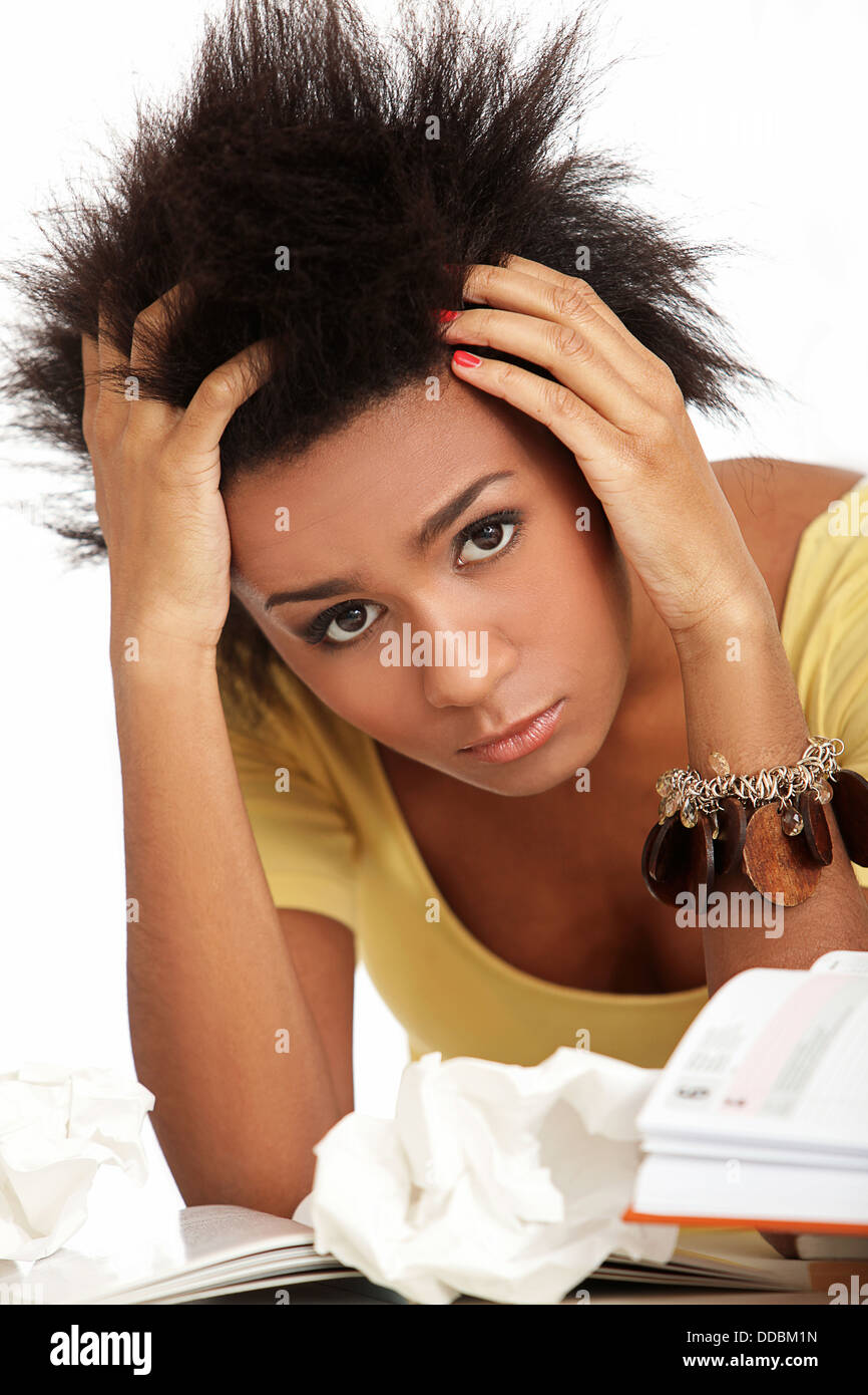 Young black woman tired from studying Stock Photo