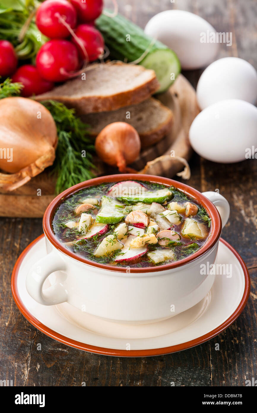Okroshka - Russian kvass Cold Soup with Vegetables Stock Photo