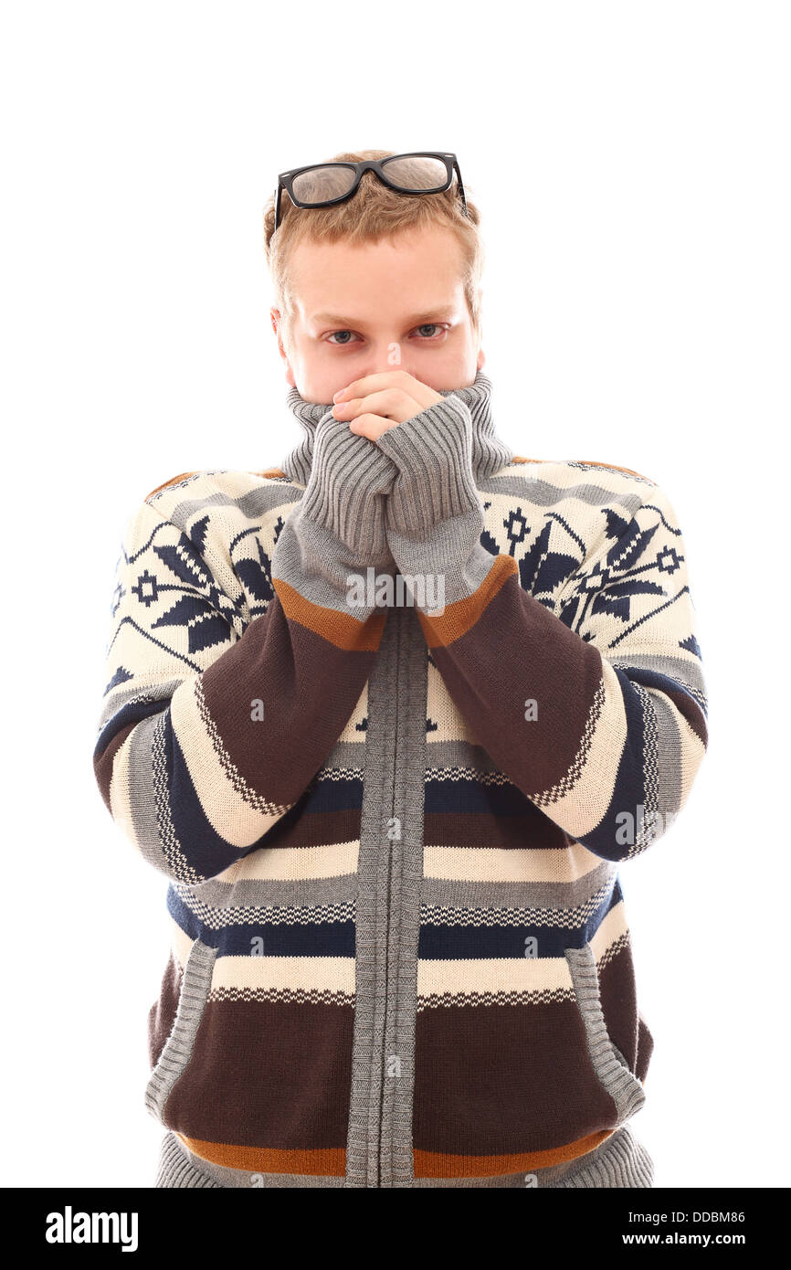 Guy in sweater feel cold over a white background Stock Photo