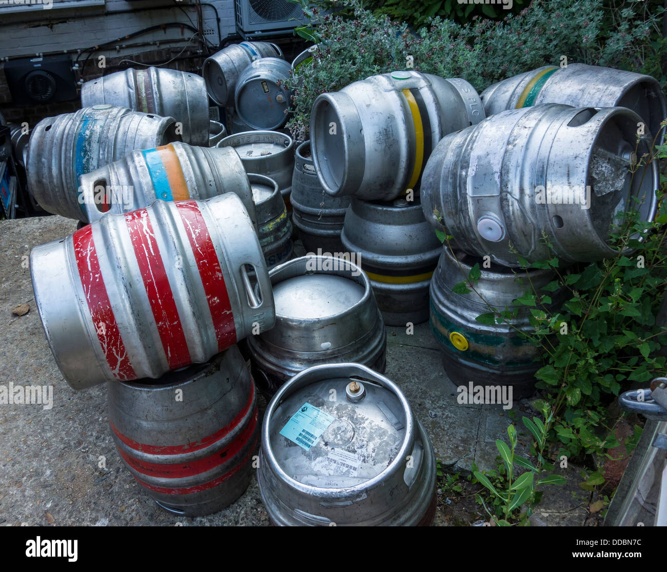 Empty Beer Ale Barrels Kegs Casks outside pub Stock Photo
