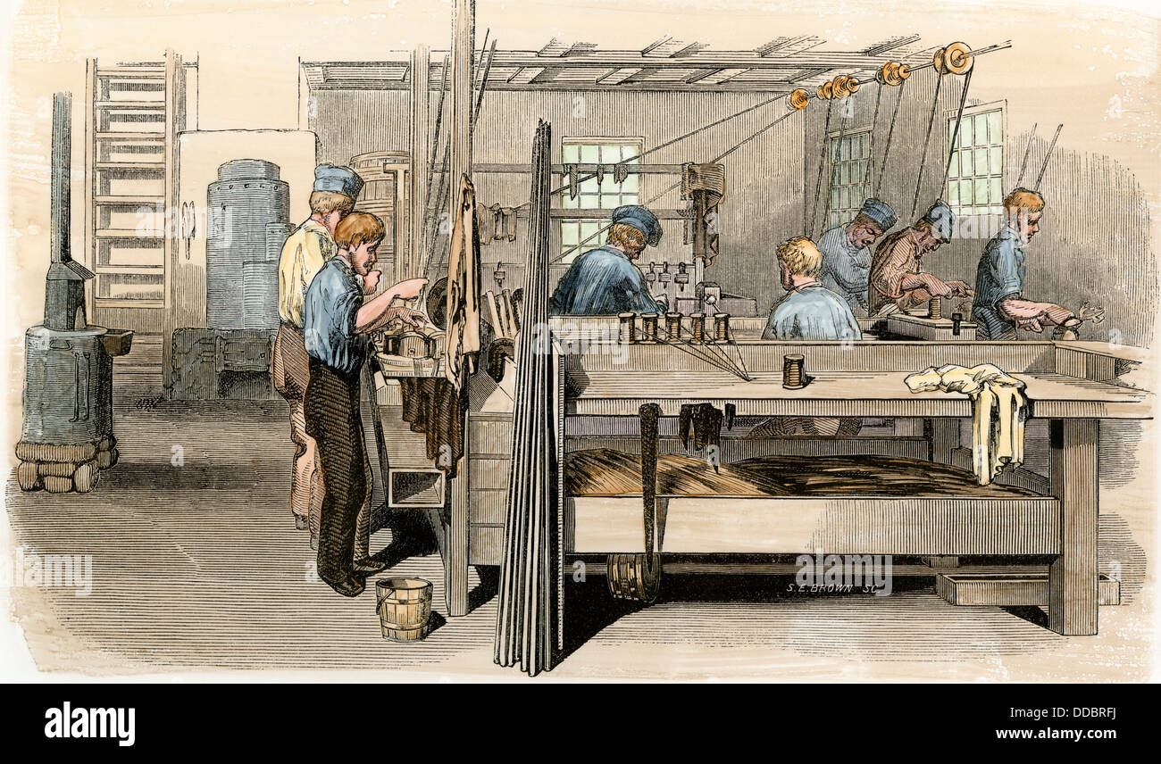 Inmates making whips in the Massachusetts State Prison, Charlestown, 1850s. Hand-colored woodcut Stock Photo