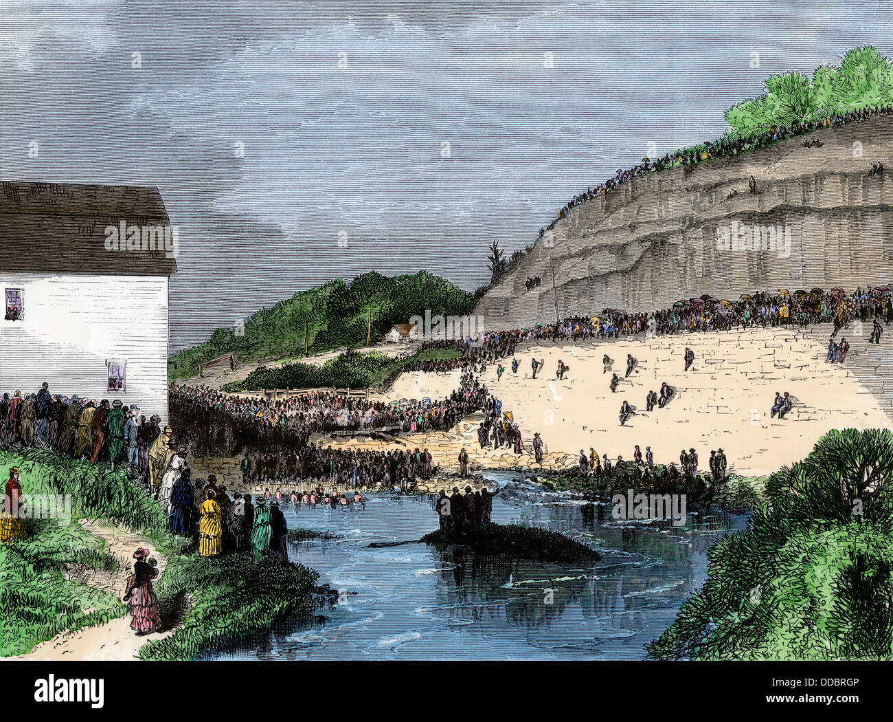 Mormon baptism services in the Missouri River at Council Bluffs, Iowa, 1800s. Hand-colored woodcut Stock Photo