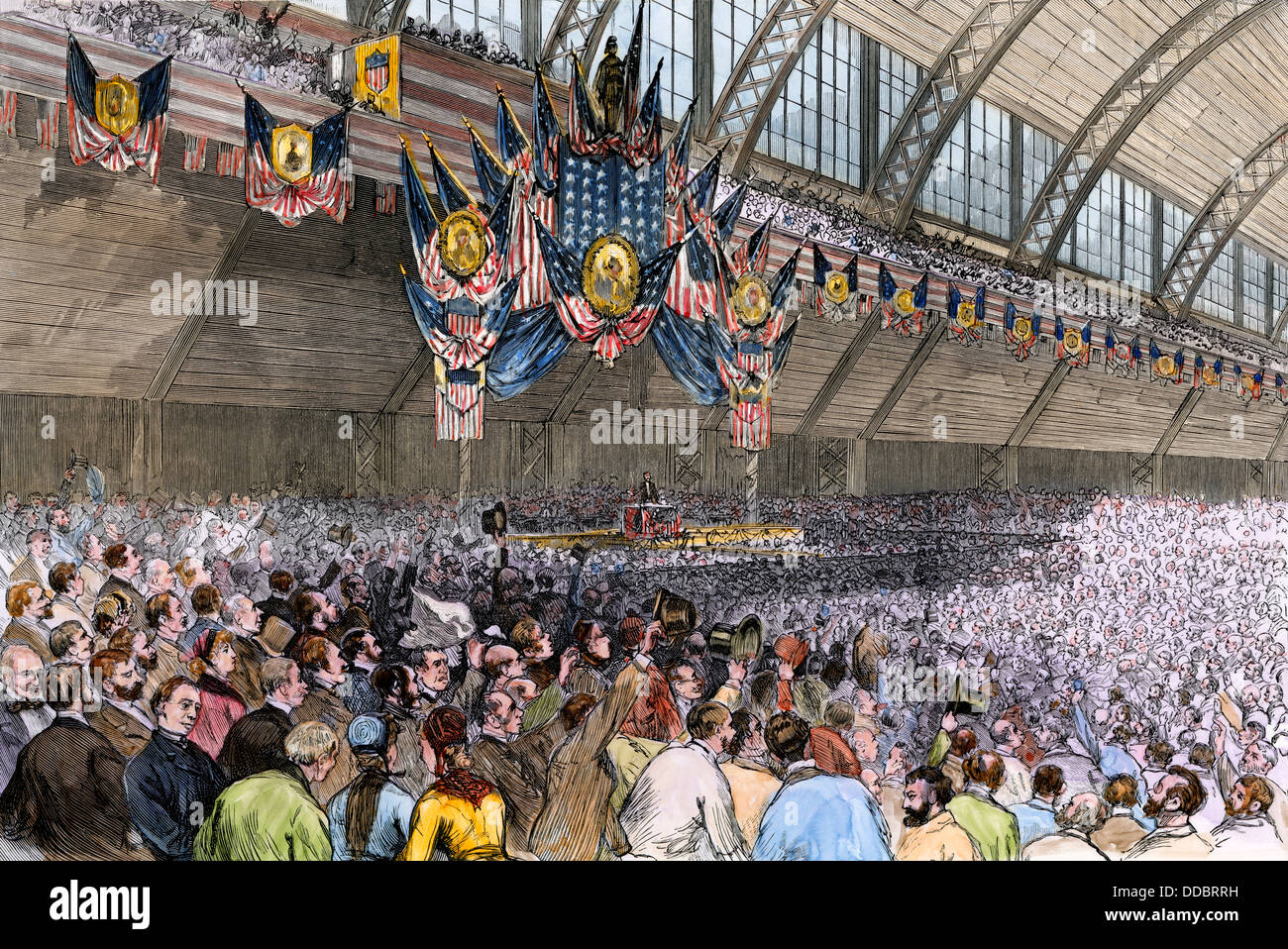 Democratic Convention nominating Grover Cleveland for President, Chicago, 1884. Hand-colored woodcut Stock Photo