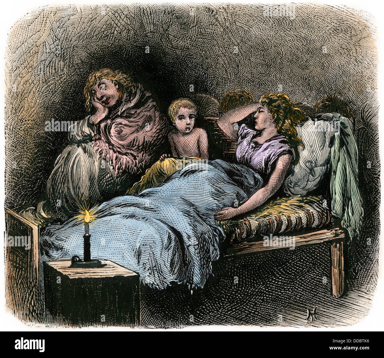 Orphan sharing a lodging-house for homeless poor people on Water Street, New York City, 1870s. Hand-colored woodcut Stock Photo