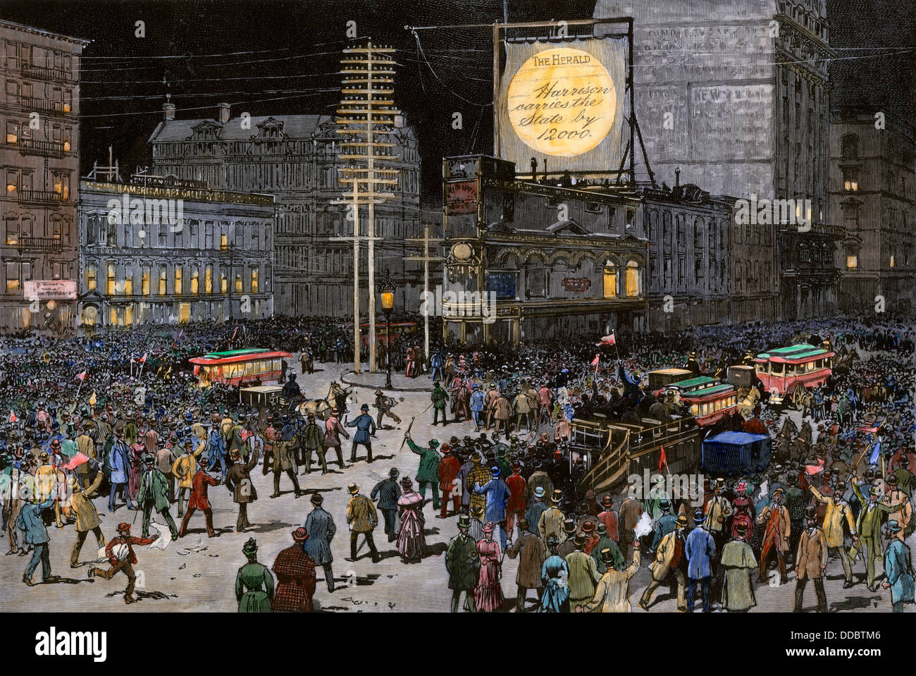 New York Herald posts election returns via electricity in Madison Square, New York City, 1888. Hand-colored woodcut Stock Photo