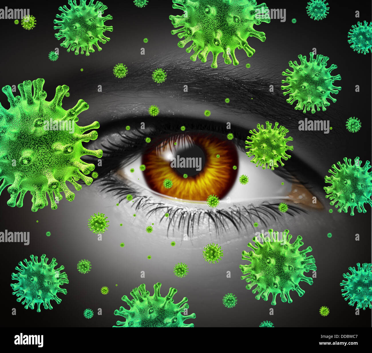 Eye infection as a contagious ocular disease transmitting a virus with human vision spreading dangerous infectious germs and bacteria during cold or flu symptoms. Stock Photo