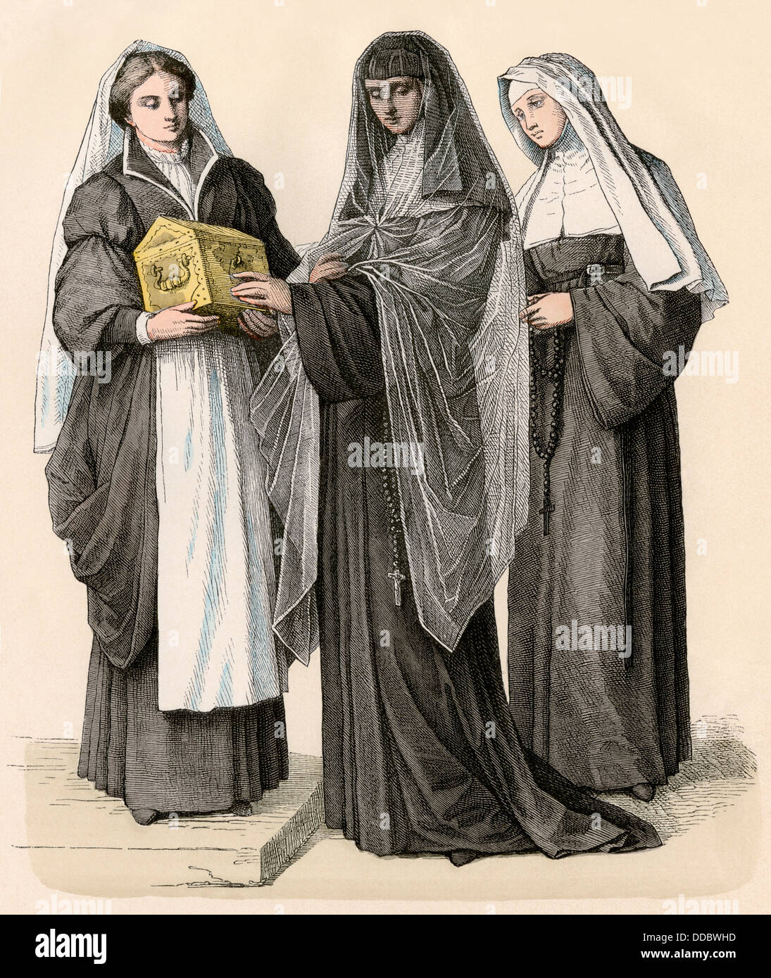 Ursuline nuns, 1700s. Hand-colored print Stock Photo