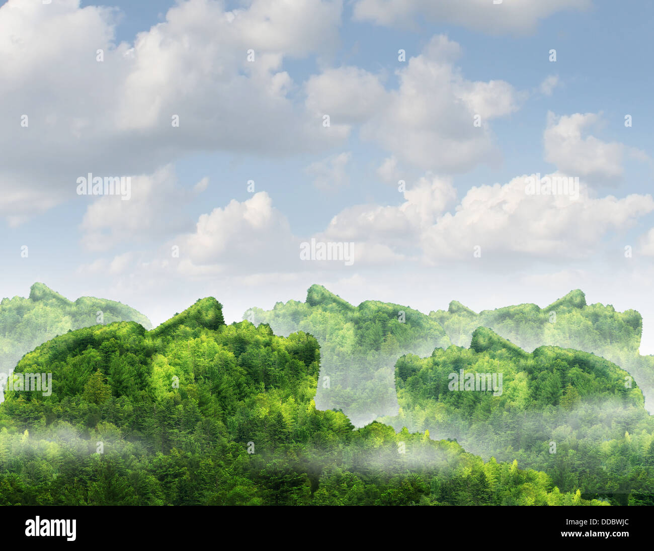 Human communication network business concept with a green forest mountain natural landscape shaped as an organized group of human heads as a technology symbol of partnership connections from person to people. Stock Photo