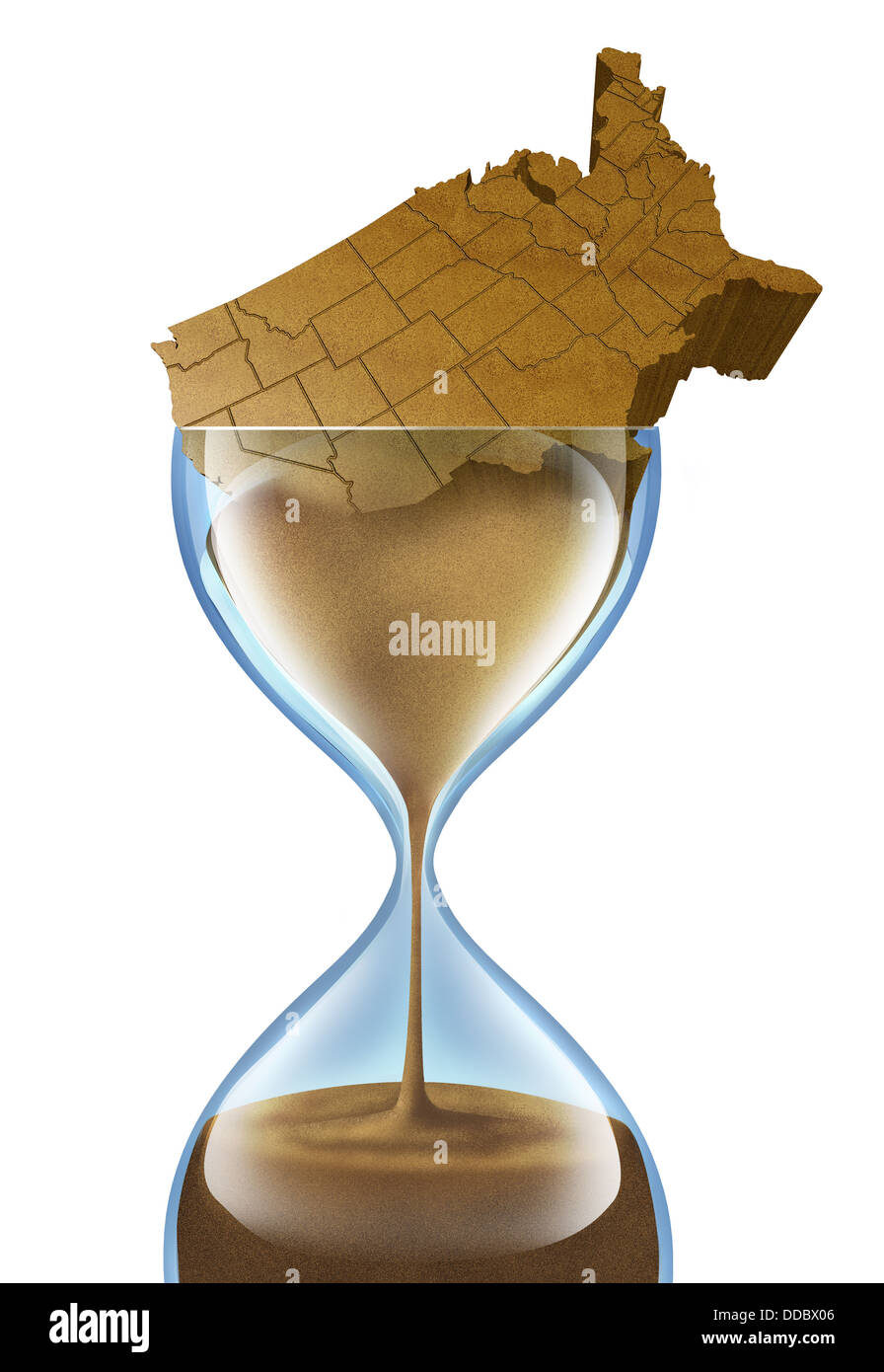 Aging Nation business concept with a population crisis that is growing older in the United States of America as a three dimensional American made of sand that is slowly going down an hour glass icon as a symbol of economic urgency to fund retirement. Stock Photo