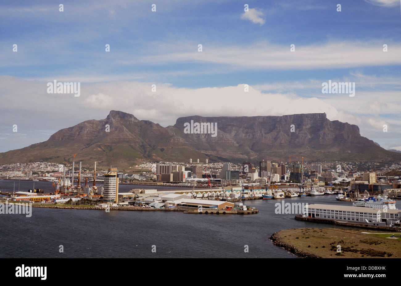 The city of Cape Town, the docks and Table Mountain in an aerial photograph from the ocean Stock Photo