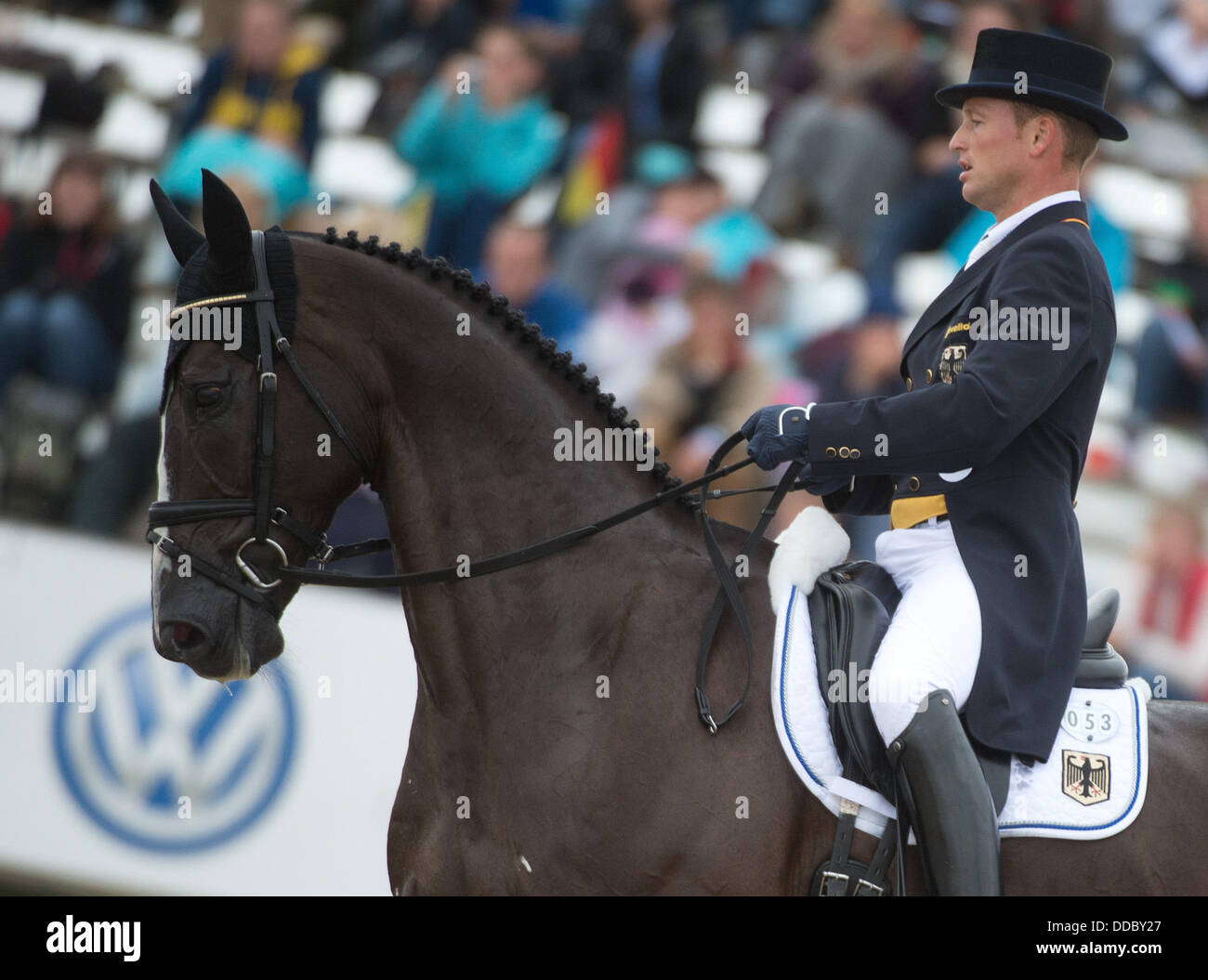 Malmoe, Sweden. 30th Aug, 2013. Eventer Michael Jung on his horse Halunke competes in the dressage event at the European Eventing Championships in Malmoe, Sweden, 30 August 2013. Photo: JOCHEN LUEBKE/dpa/Alamy Live News Stock Photo